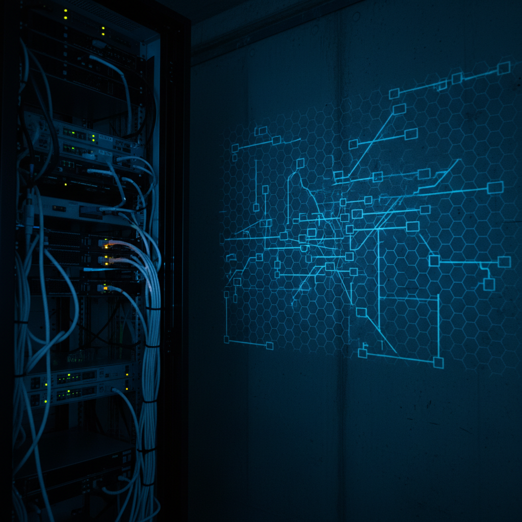 Abstract network-graph render — navy field with azure nodes and edges
