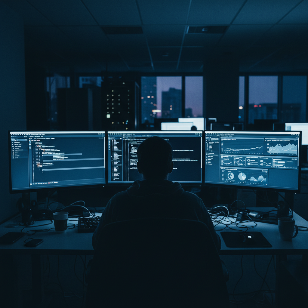 Engineering workstation seen from behind, three monitors, cool ambient light