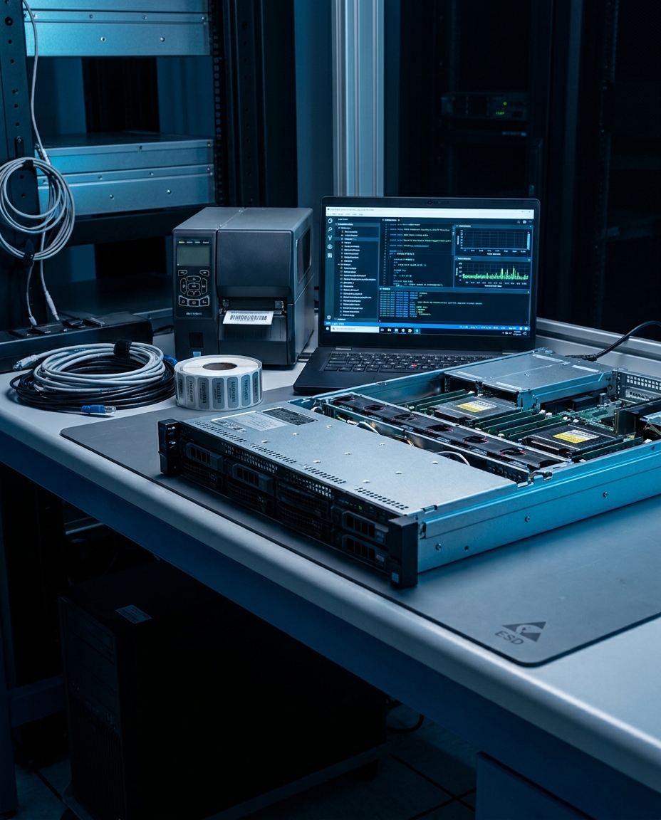 Integration and validation workbench with an open server chassis, diagnostic laptop and asset tags