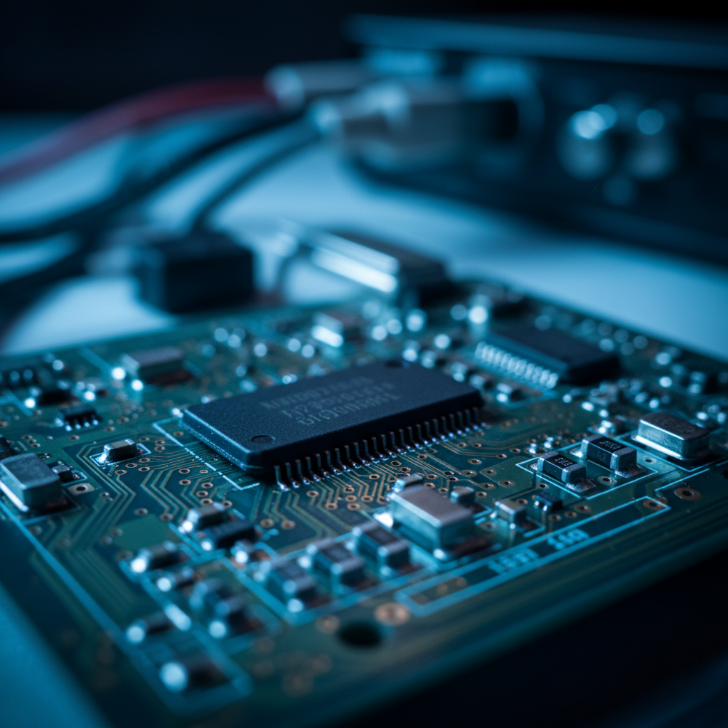 Macro of a circuit board with copper traces, cool blue rim lighting