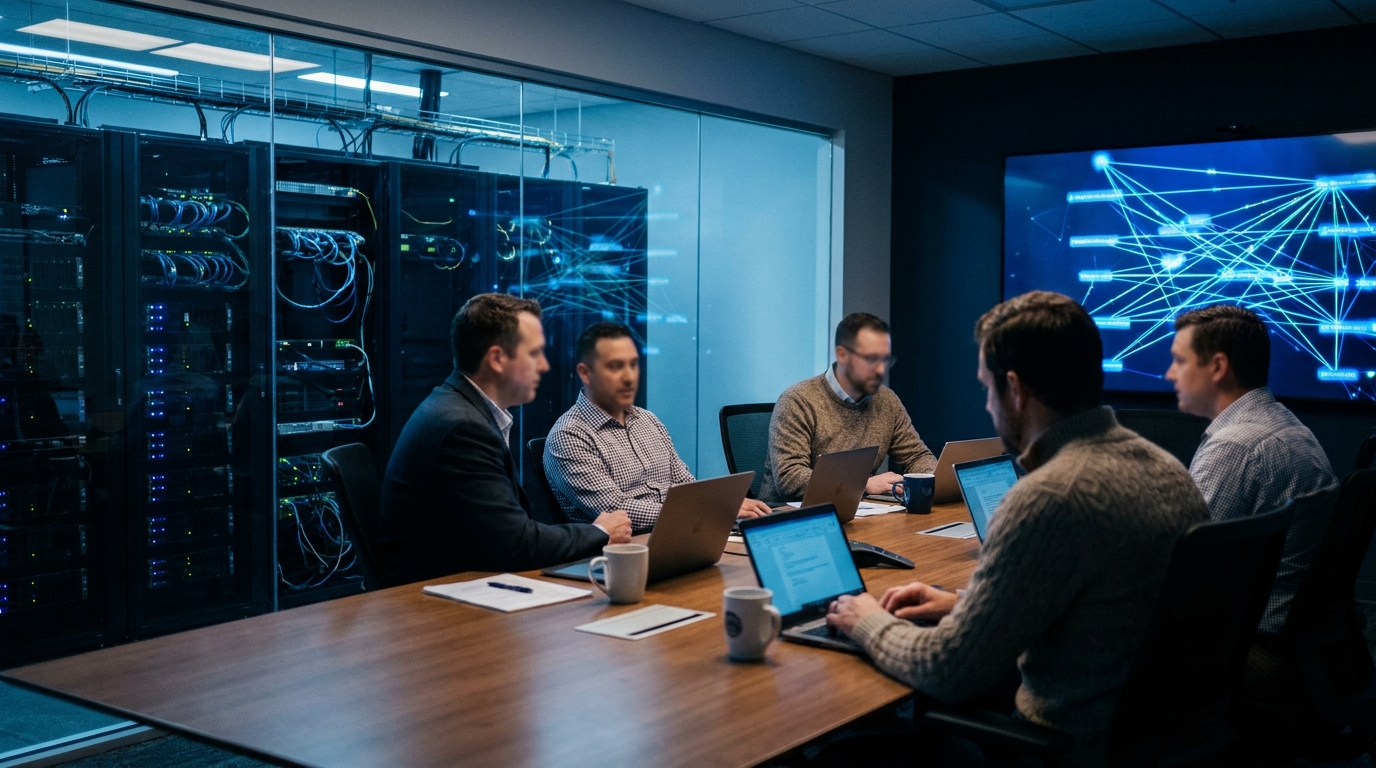 Technology collaboration center with people at a table and server racks visible through a glass partition
