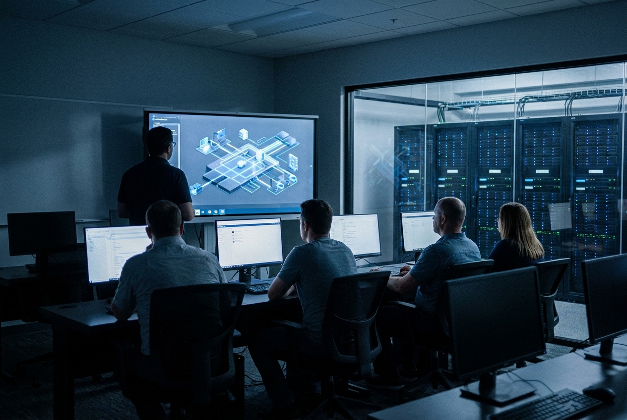 Small technical training session in a lab classroom, instructor beside a screen, attendees seen from behind