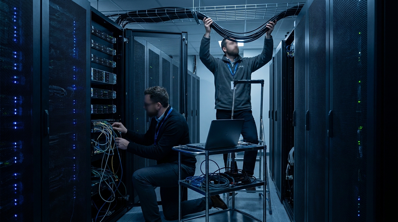 Two field engineers deploying equipment in a live datacenter aisle, one at an open rack with a laptop