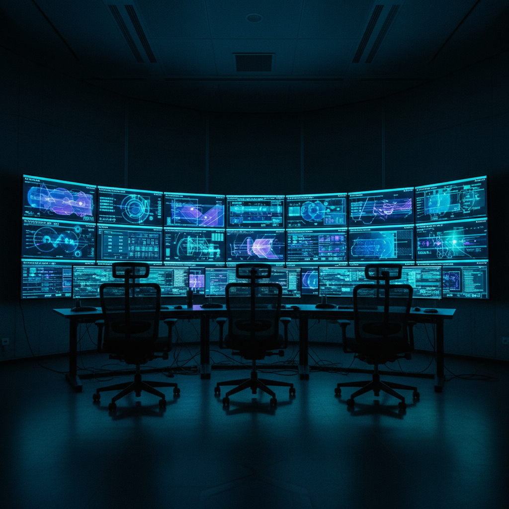 Empty security operations center, wall of monitors with abstract dashboards